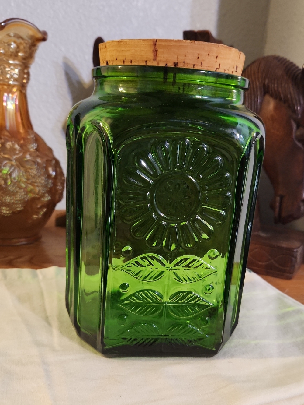 Vintage 1960s Wheaton N.J. emerald green glass canister With Cork Lid